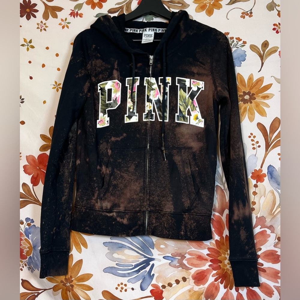 Victoria’s Secret PINK S Full Zip Black Beachy Bleach Dye Grunge Fall Hoodie